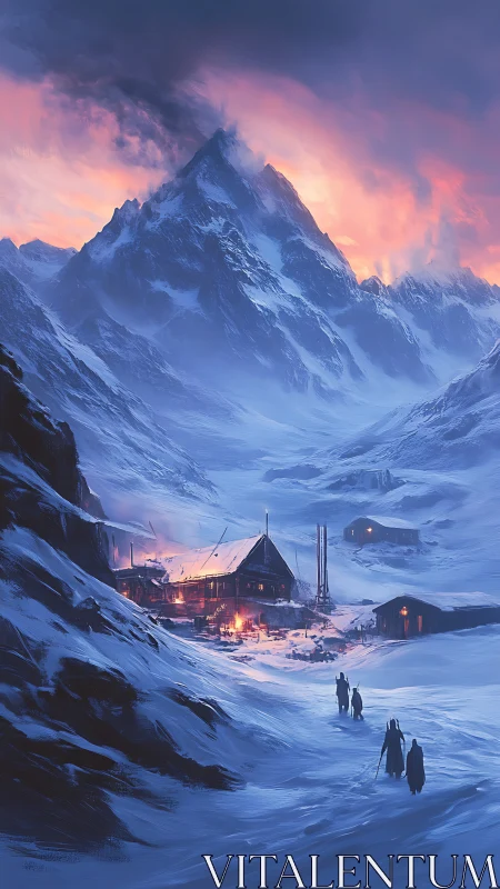 Snowbound mountain outpost under fiery evening sky.