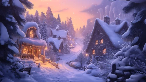 Snowy village glows warmly under a dreamy winter sunset
