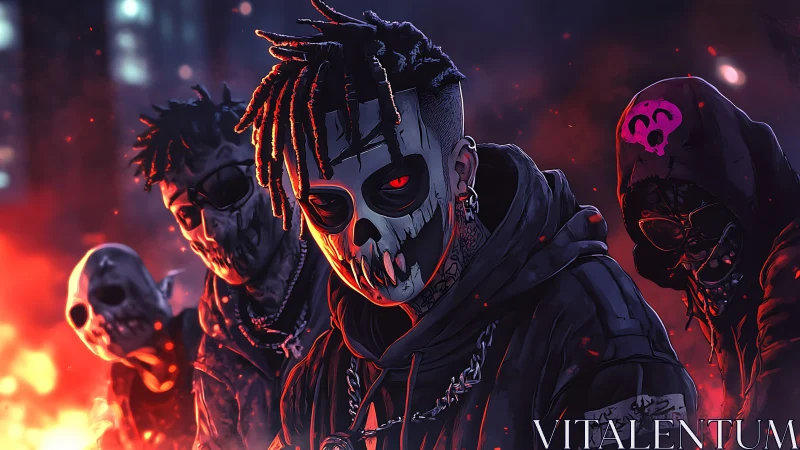 Street gang in skull masks under neon embers at night.