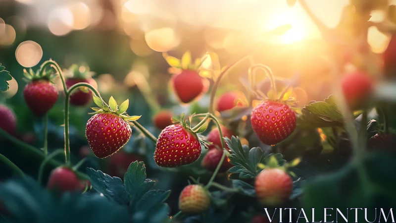 Ripe strawberry cluster in sunlit field with shallow depth of field