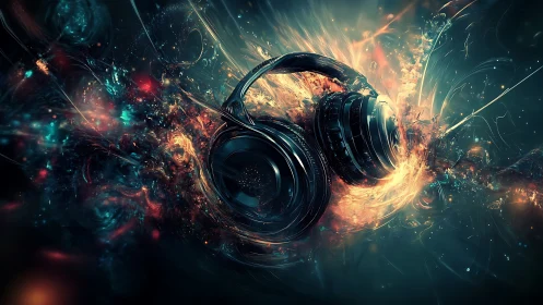 Glowing headphones erupt through swirling neon energy waves