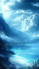 High-contrast coastal mountains under volumetric blue atmospheric light