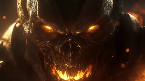 Molten-eyed demon close-up amid swirling embers and ash.