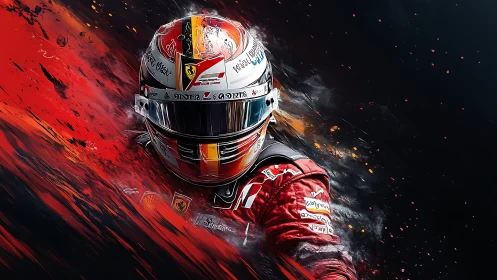 Racing driver erupts through blazing red abstract motion.