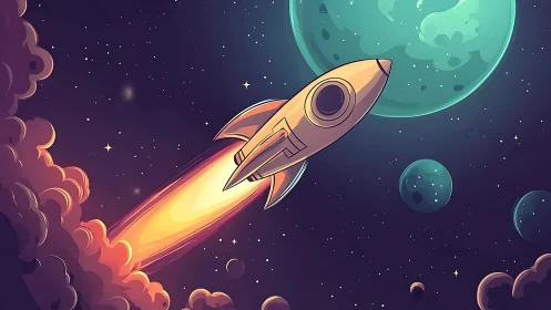 Retro rocket soars toward glowing planets in dreamy space