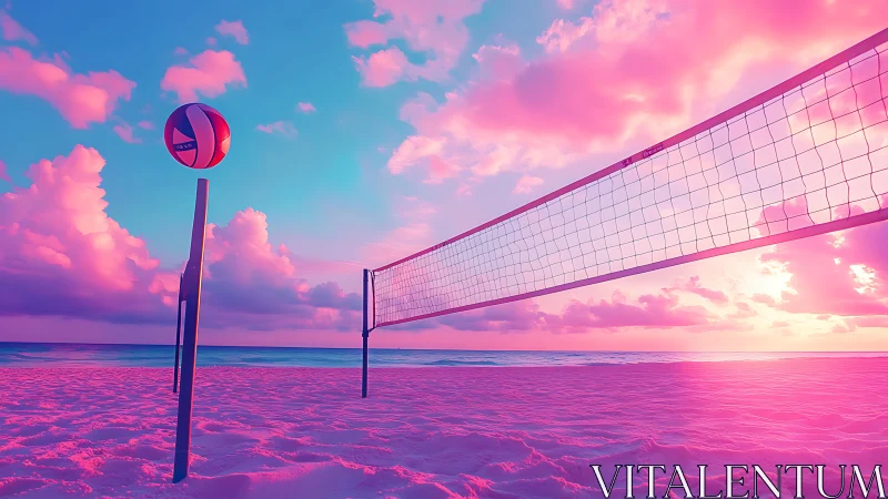 Neon beach volleyball court glows under a dreamy sunset sky