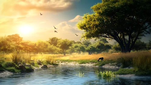 Sunlit riverbank meadow under glowing golden horizon light.