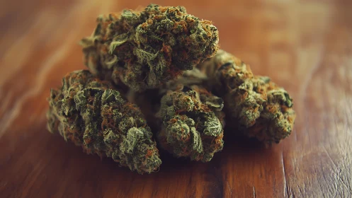 Dried cannabis buds arranged on smooth wooden surface.