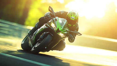 Motorcyclist leans into high speed corner on sunlit road