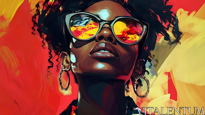 Chromatic portrait with reflective lenses and gestural strokes.