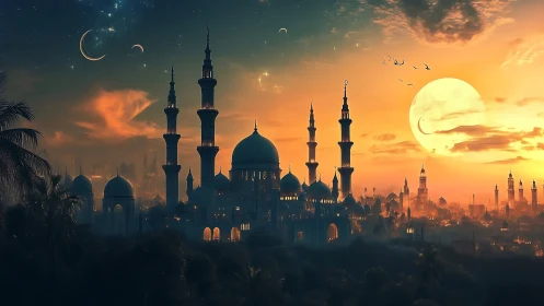 Enchanted desert city skyline under twin crescent moons.