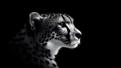 High contrast cheetah profile in monochrome low‑key lighting
