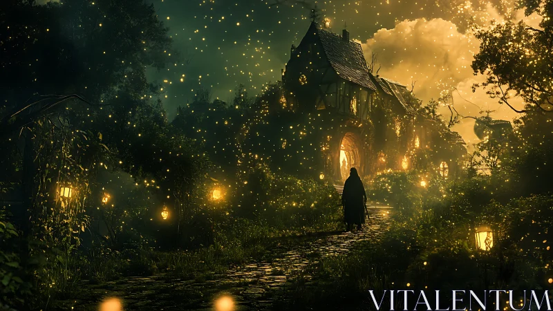 Cloaked figure walks toward glowing cottage in dense forest