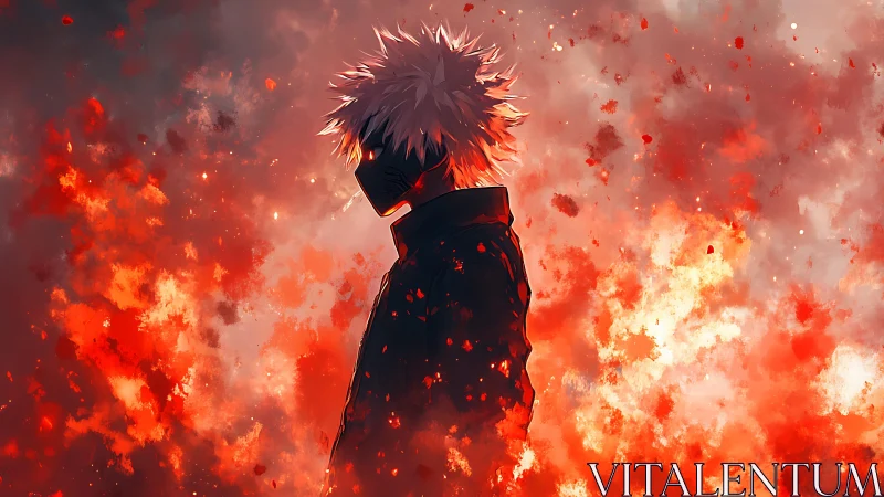 Masked anime antihero stands amid blazing inferno clouds.