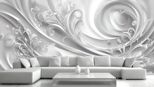 Modern white living room with abstract 3D floral wall art design.