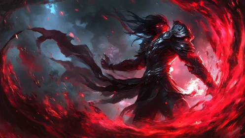 Armored dark mage channeling red infernal vortex energy