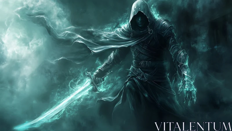 Spectral hooded swordsman with ethereal energy blade in fog