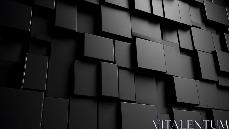 Black geometric 3D wall of offset square panels in shadow.