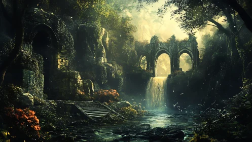 Sunlit ruins whisper over a hidden waterfall’s silver veil