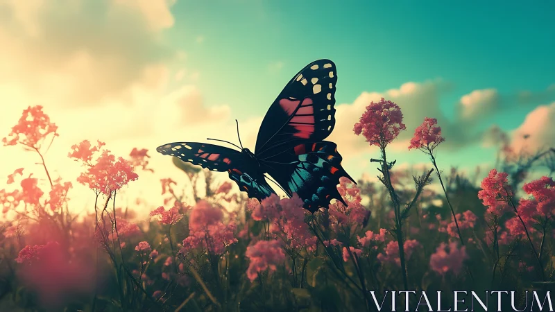 Butterfly rests on pink wildflowers under bright sky
