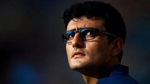 Pensive man in glasses caught in cinematic stadium light.