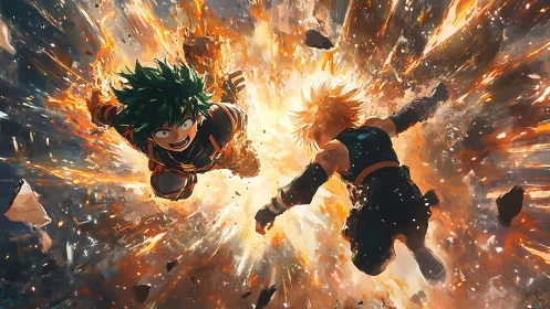 Explosive midair clash between two anime heroes rendered dynamically