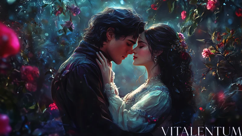 Digital rendering of two figures in romantic proximity surrounded by volumetric light and botanical 
