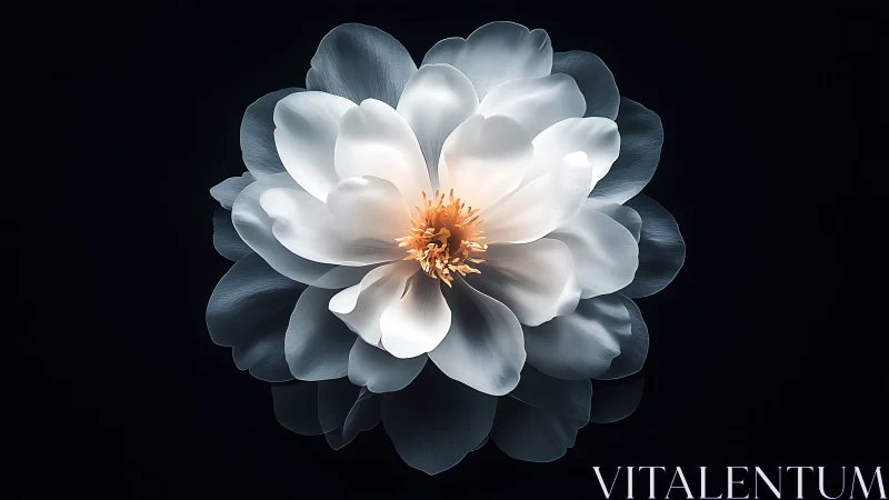 Large White Peony Bloom with Golden Stamens on Black Background