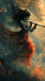 Mythic female figure with flute in swirling clouds and embers.