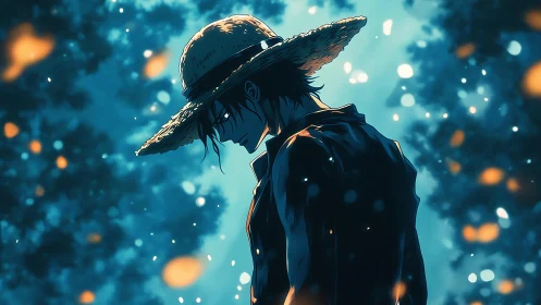 Solitary anime wanderer bows under a straw hat at dusk
