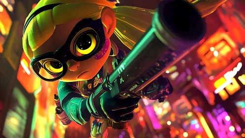 Stylized humanoid character aims weapon in neon city scene