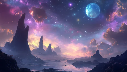 Dreamlit alien shoreline under a galaxy of soft starlight.