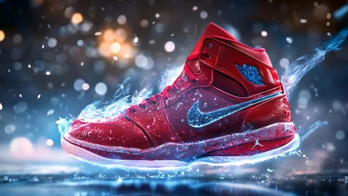 Luminous red sneaker ignites with electric energy in motion