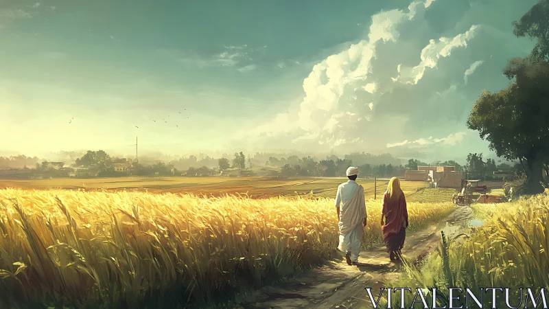 Rural path through wheat fields with two walking figures.