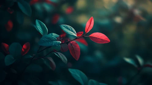 Red leaves on branch in soft focus nature photography style.