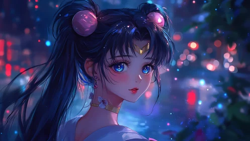 Moonlit city sorceress with star-bright eyes at riverside.