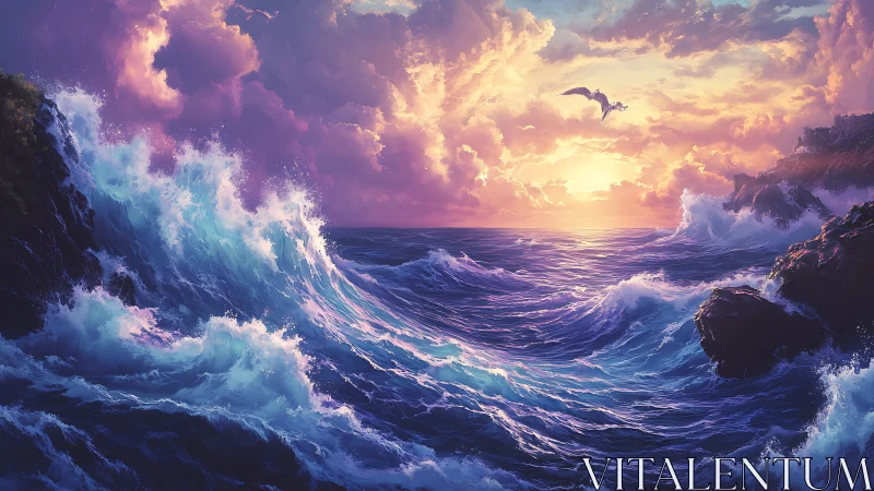 Luminous fantasy seascape with crashing waves and dragon.