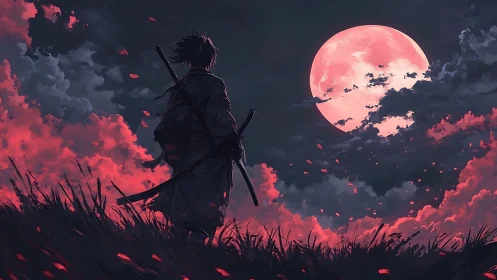 Lone samurai faces blood moon amid blazing crimson clouds.