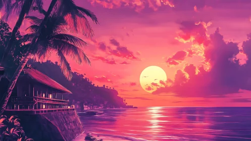 Tropical coastline house under vivid pink sunset sky.
