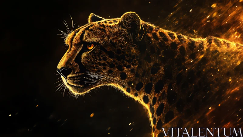 Lioness portrait with golden light effect on black background