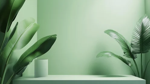 Monochrome mint interior with tropical foliage and plinths