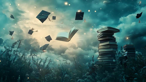 Graduation caps and books floating above cloudy meadow.