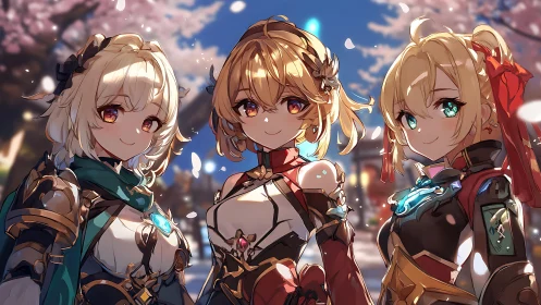 Triad of armored heroines amid luminous spring blossom.