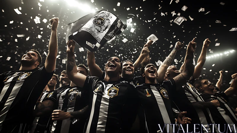 Football team in striped kits during stadium celebration.