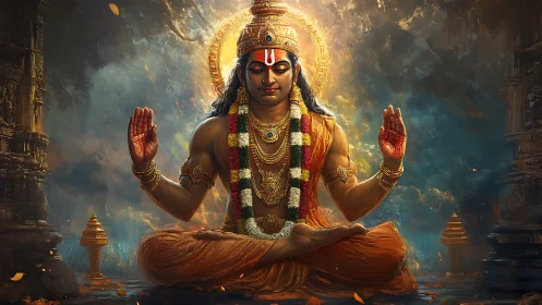 Serene Hindu deity in ornate temple setting, hands raised.