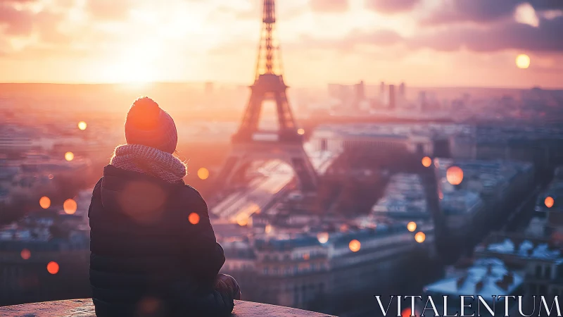 Person overlooking Eiffel Tower skyline at sunrise in Paris.