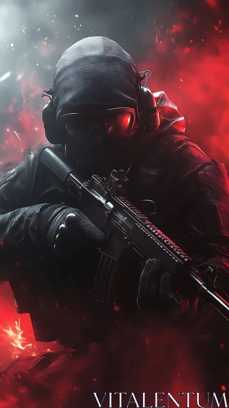 Tactical operator aims rifle through burning red smoke.
