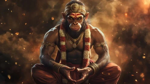 Anthropomorphic monkey deity sits cross legged in flames