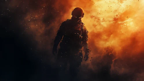 Firelit soldier strides from the blast like walking shrapnel