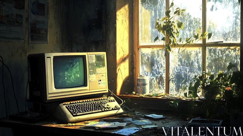 Retro computer glows beside sunlit overgrown window.